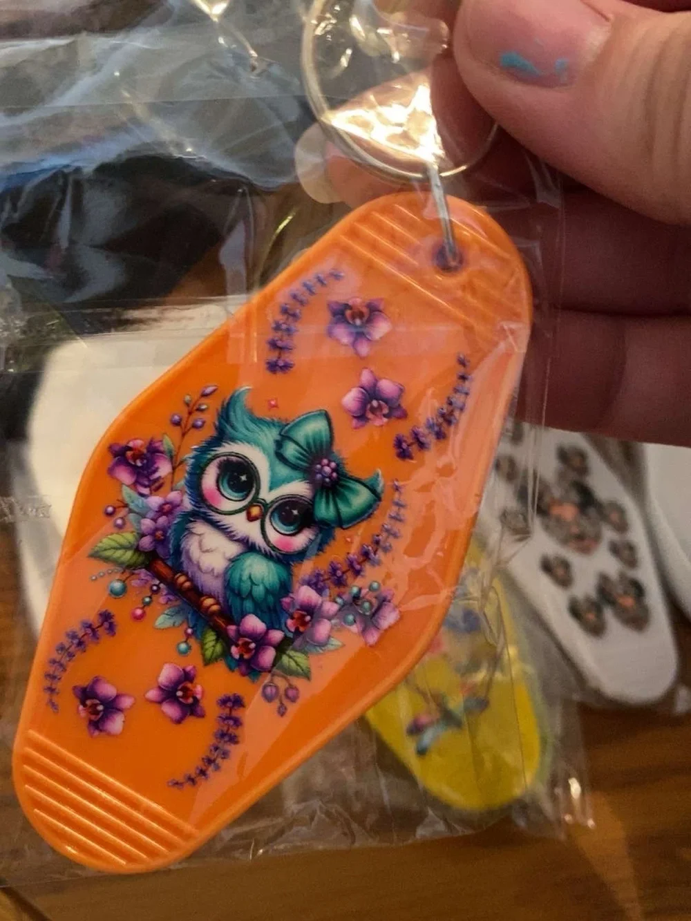 Cute Owl Keychain - Orange with Teal & Purple Floral Design